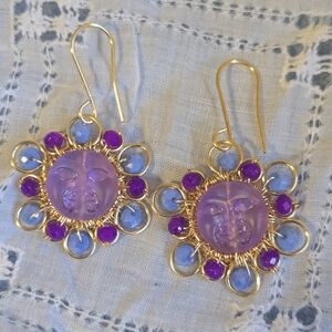 Radiant Gold and Purple Sun Face Earrings